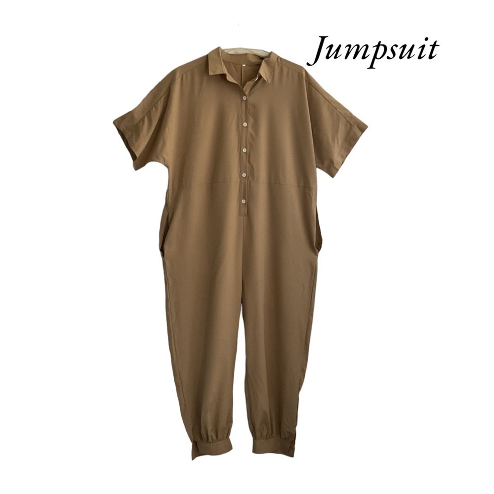 Women Jumpsuit Romper Button Closure Pocket Tan Brown Short Sleeve Beige…‎